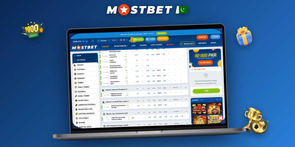 Mostbet official website displayed on laptop and phone with Pakistan flag accents