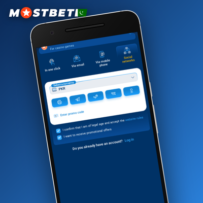 Mostbet one-click registration tile showing instant sign-up button with stopwatch