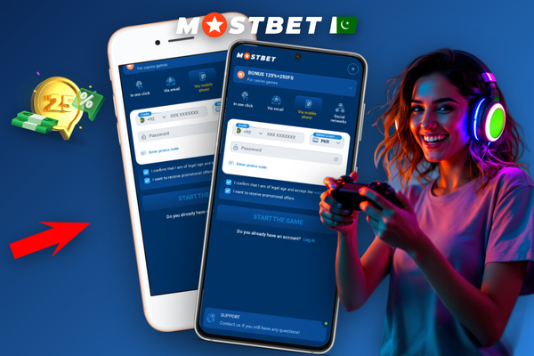 Mostbet online one-click registration screen with PKR currency selector on smartphone