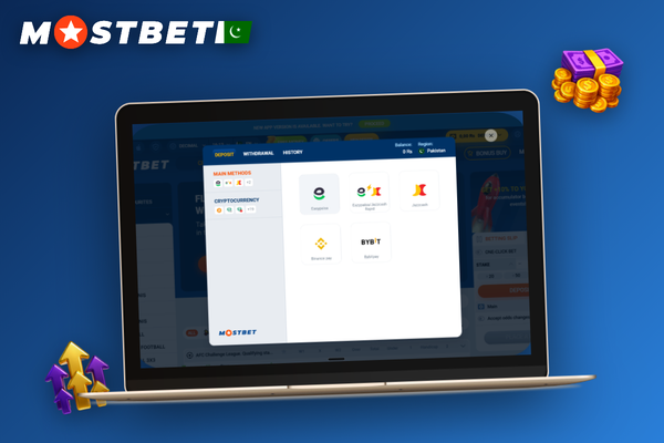 Visa card USDT token and laptop displaying Mostbet payment methods on cashier page