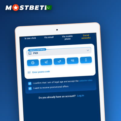 Mostbet sign up by phone tile with SMS verification code on smartphone screen